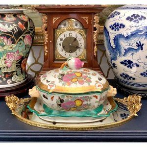 Tureen lidded Container on Tray Oriental Style Colourful Porcelain